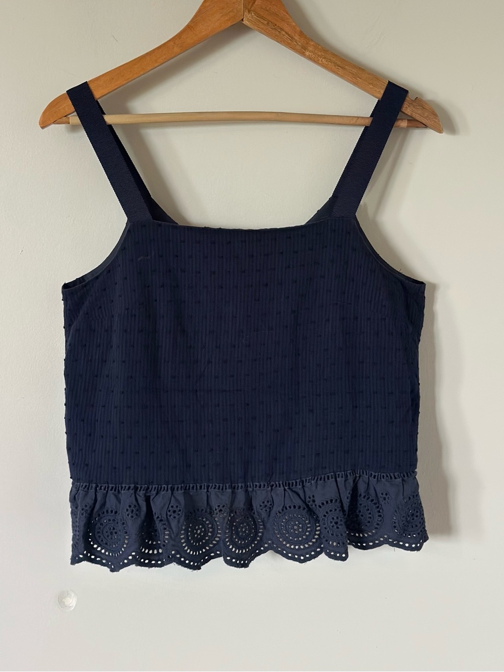 J.Crew Navy Blue Polka Dot Eyelet Ruffled Crop Tank